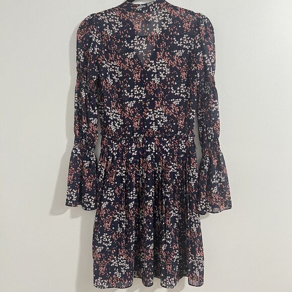 Michael Kors Georgette Shirt Dress Size XXS Navy Blue Floral Pleated Cheer Party - Picture 3 of 10